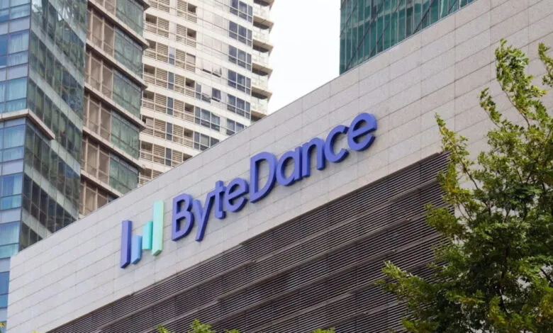 Exterior view of the ByteDance corporate headquarters building featuring the company logo on the facade