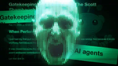 A glowing green digital mask overlaid on text about gatekeeping and AI agents with a Reddit-style background.