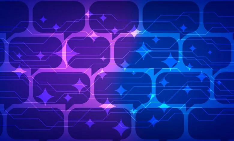 Abstract digital background featuring blue and purple chat bubbles with glowing circuit lines.