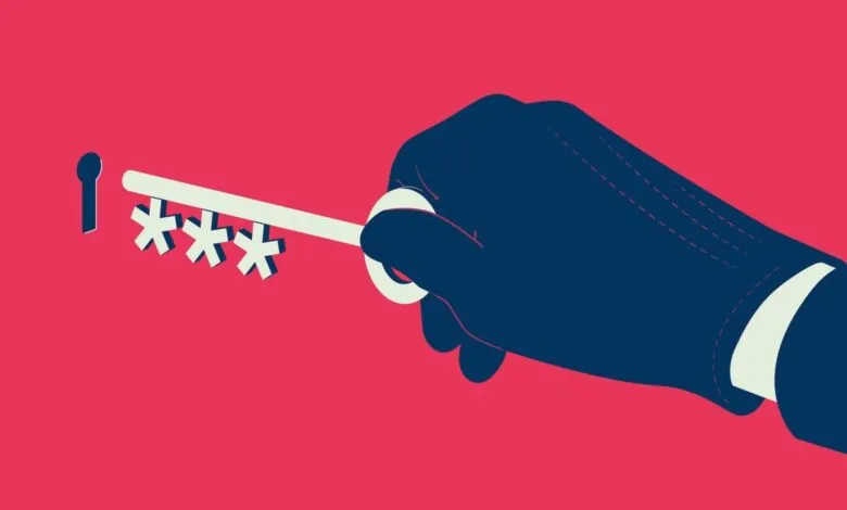 A gloved hand inserts a key with asterisk-shaped teeth into a keyhole against a pink background.