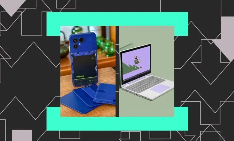 Fairphone smartphone with removable battery and matching blue accessories next to a modern laptop.