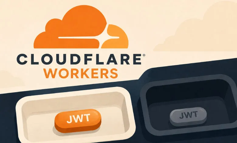 Cloudflare Workers logo with two tray compartments containing JWT buttons