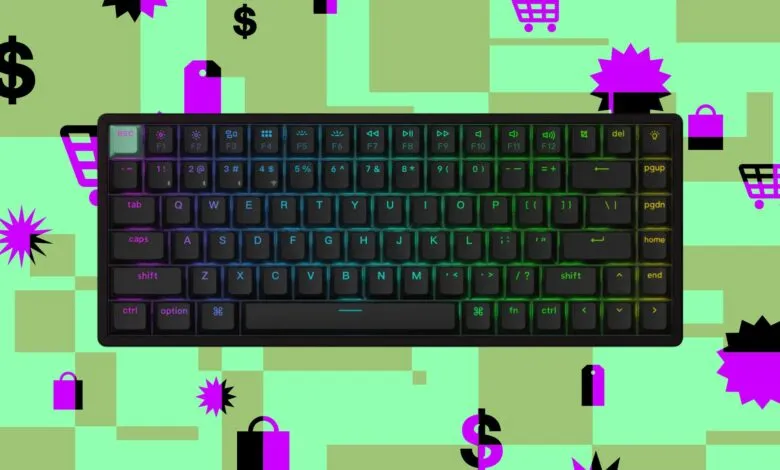 Keychron mechanical keyboard with RGB backlighting against a bright green patterned background