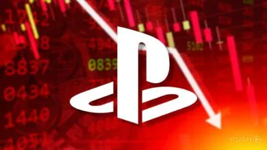 White PlayStation logo over a red stock market chart showing a downward trend