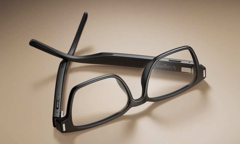 Black Legato smart glasses resting upside down on a neutral beige surface.