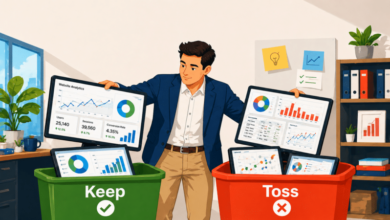 A businessman sorting digital dashboards into green Keep and red Toss bins.