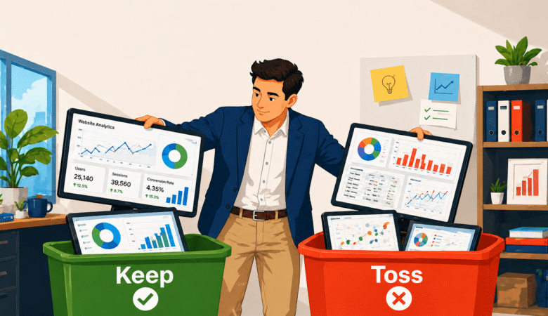 A businessman sorting digital dashboards into green Keep and red Toss bins.