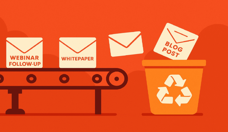 Content marketing emails on a conveyor belt falling into a trash bin