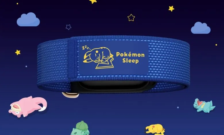 Blue fitness band with Pokemon Sleep branding and a sleeping Pikachu