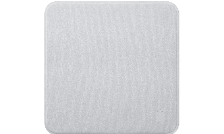 Square white Apple polishing cloth laid flat with rounded corners and embossed logo