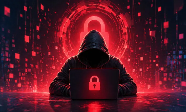 Anonymous hacker in a dark hoodie typing on a laptop with a glowing red padlock symbol on the screen.
