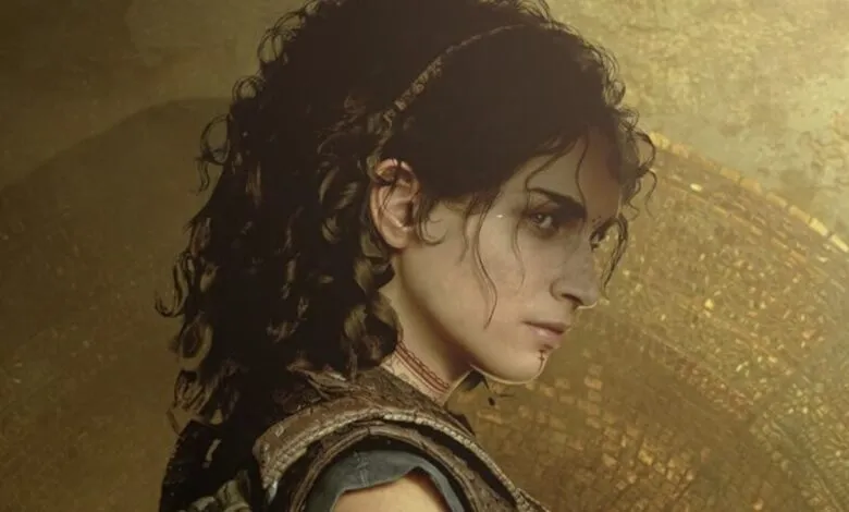 Close-up portrait of a woman with dark curly hair and detailed facial tattoos in golden lighting.