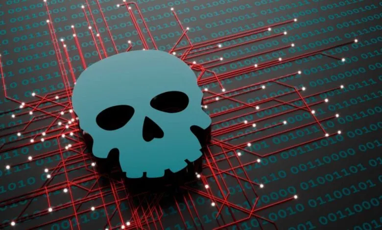 Cyan skull icon superimposed on glowing red circuit board with binary code
