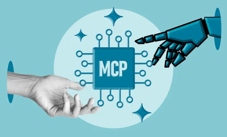 A human hand and robotic hand reach toward a central chip labeled MCP against a blue background.