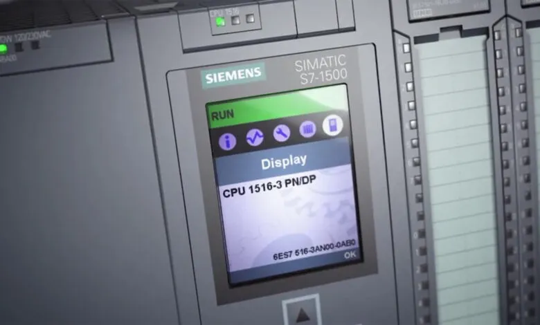 Close-up view of a Siemens SIMATIC S7-1500 PLC displaying CPU 1516-3 PN/DP on its screen