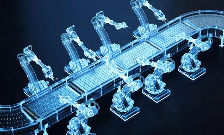 Glowing blue holographic robotic arms operate along an automated factory assembly line.