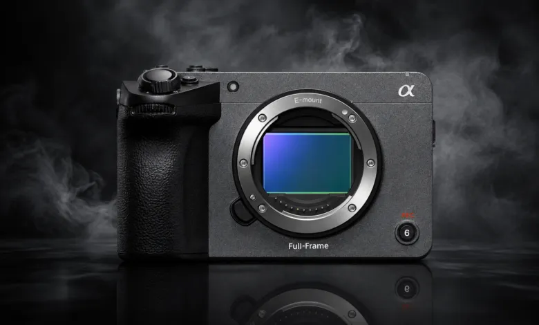 Sony full-frame cinema camera body with E-mount lens mount against a smoky background.
