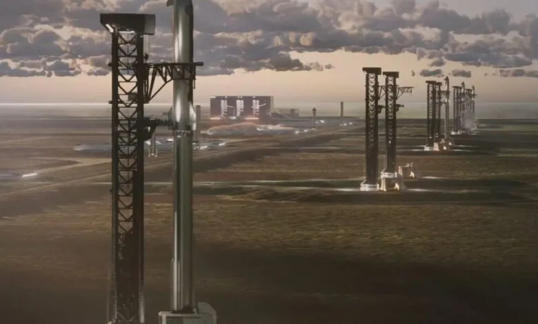 Multiple SpaceX Starship rockets and launch towers lined up in a vast coastal field at sunset.