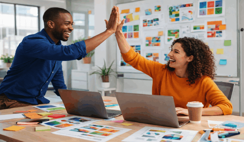 Two colleagues smiling and giving a high-five in a bright modern office.