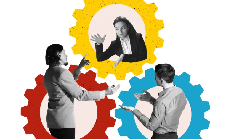 Black and white professionals interacting inside colorful gear shapes on a white background