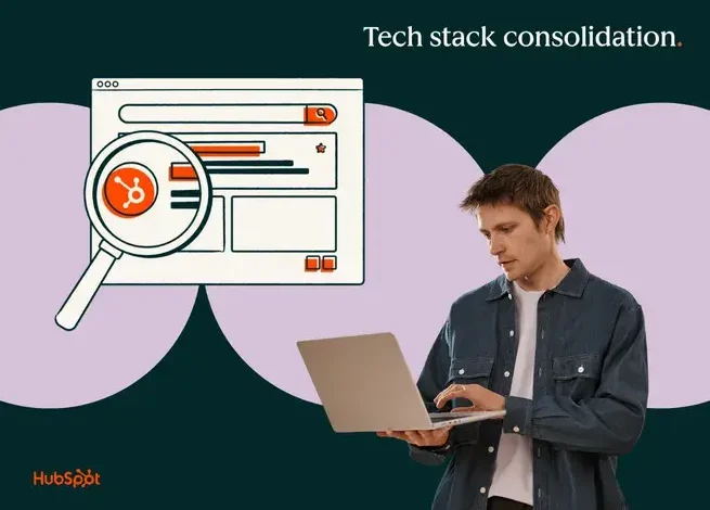 A man using a laptop beside a graphic of a browser window with a magnifying glass.