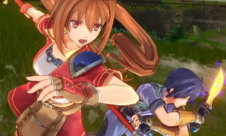 Anime characters in combat armor fighting outdoors in a grassy field