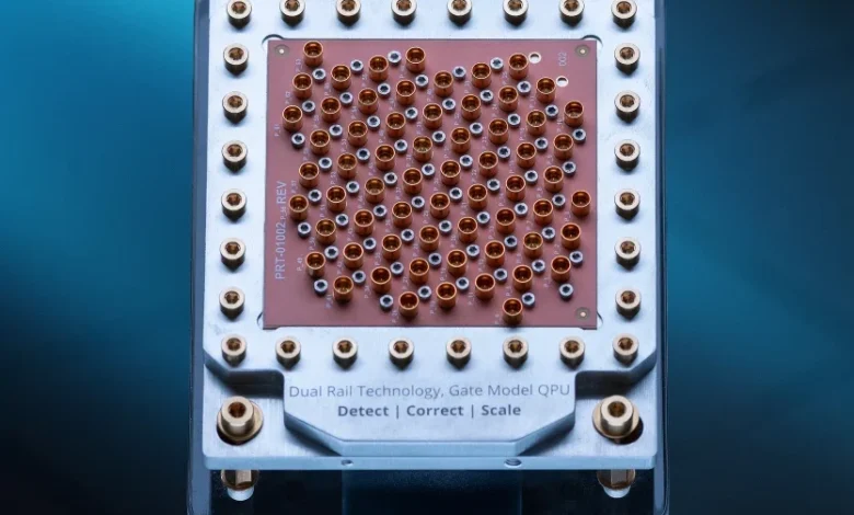 Close-up of a D-Wave quantum processor unit featuring a complex array of gold-plated pins.