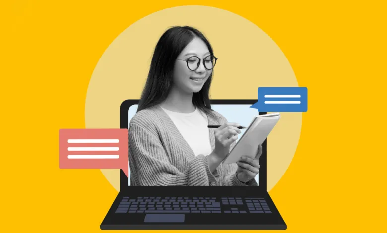 Young woman in grayscale writing notes inside a laptop screen with a bright yellow background.