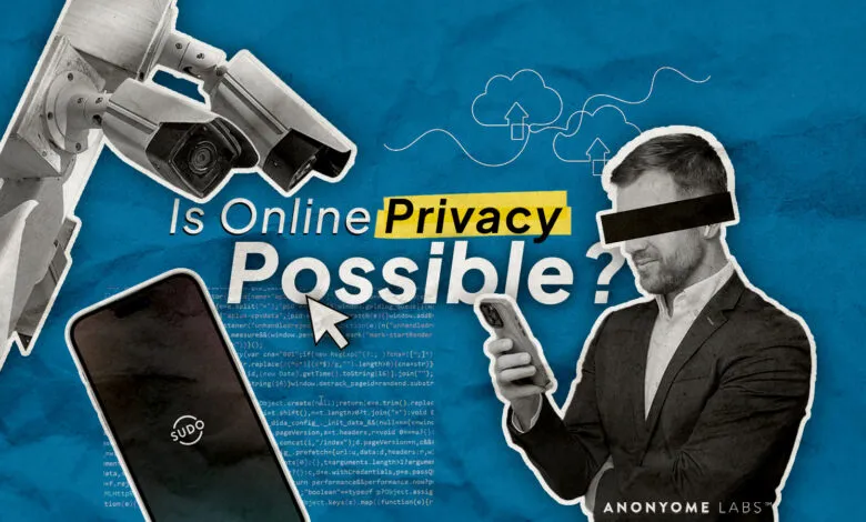 Collage about online privacy featuring surveillance cameras, code, and a masked man using a phone.
