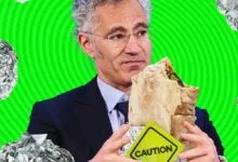 Alex Karp holding a massive burrito with crumpled foil and a caution sign against a green background