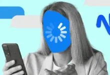 A person with a loading wheel icon covering their face holds a smartphone against a teal background.