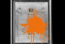 Leonardo da Vinci's Vitruvian Man overlaid with a bright orange paint splatter.