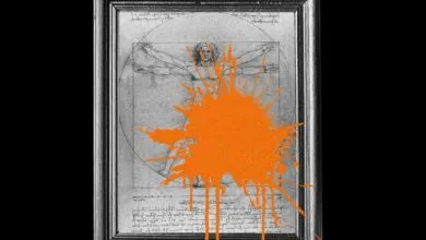 Leonardo da Vinci's Vitruvian Man overlaid with a bright orange paint splatter.