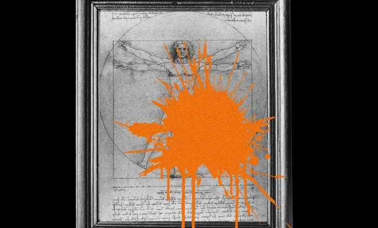 Leonardo da Vinci's Vitruvian Man overlaid with a bright orange paint splatter.