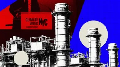 Stylized graphic of industrial smokestacks with a Climate Week NYC banner against a red and blue grid.