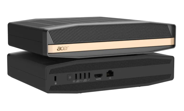 Two black and gold Acer compact mini PCs stacked on top of a white background.