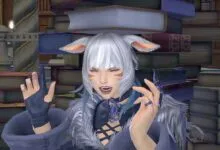 A white-haired Miqo'te character balances a heavy tome on her head inside a grand library.