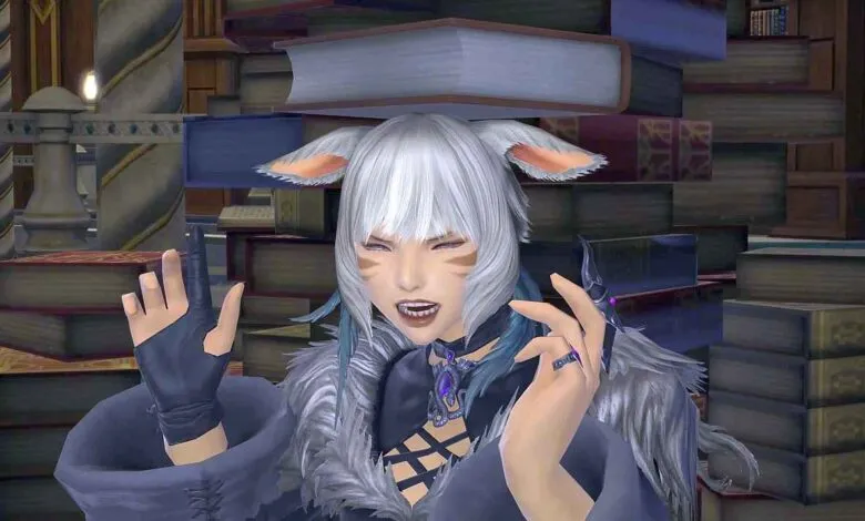 A white-haired Miqo'te character balances a heavy tome on her head inside a grand library.