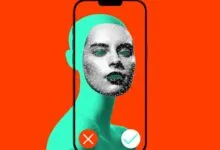 A smartphone displays a green-toned figure with a face mapped by a white digital mesh against an orange background.