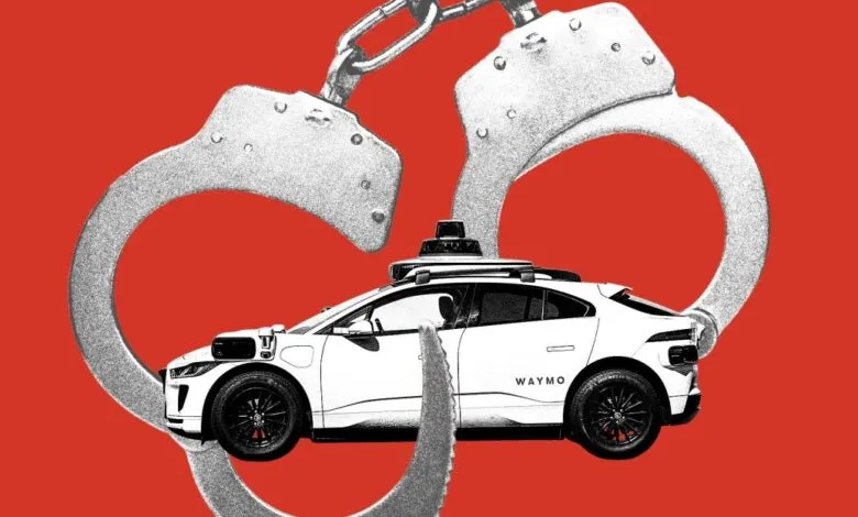 A Waymo autonomous vehicle illustrated beneath a large set of silver handcuffs on a bold red background.