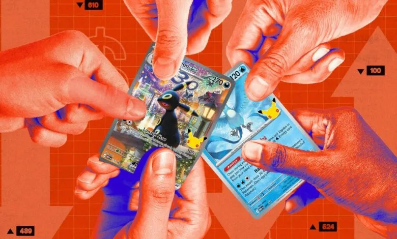 Multiple hands holding valuable Pokemon trading cards against an orange background