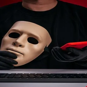 A person in a black sweater and gloves holds a blank mask and a red phone behind a keyboard.