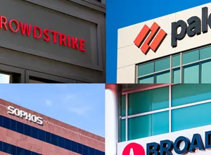 Collage of four exterior office building signs displaying CrowdStrike, Palo Alto Networks, Sophos, and Broadcom.