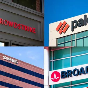 Collage of four exterior office building signs displaying CrowdStrike, Palo Alto Networks, Sophos, and Broadcom.