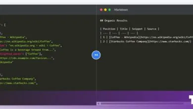Split screen showing JSON code on the left and converted Markdown table on the right