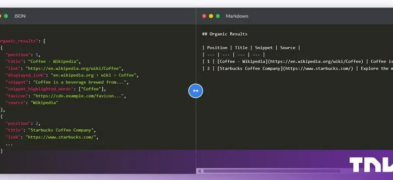 Split screen showing JSON code on the left and converted Markdown table on the right