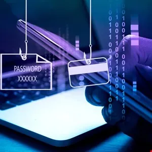 A hand holds a smartphone near a laptop, with fishing hooks catching a password and credit card.