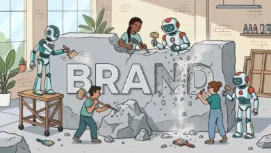 Humans and friendly robots working together to carve the word BRAND out of a large stone block