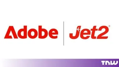 Adobe and Jet2 red company logos separated by a vertical dividing line on a white background.