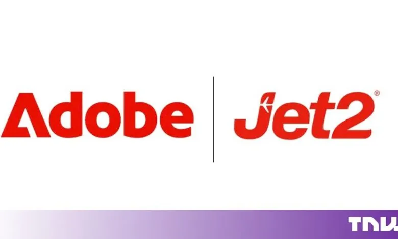 Adobe and Jet2 red company logos separated by a vertical dividing line on a white background.